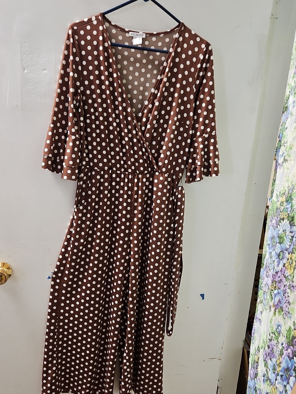 VENUS Brown and White Polka Dot Wrap Jumpsuit